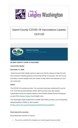 Island County COVID-19 Vaccinations Update 12/31/20