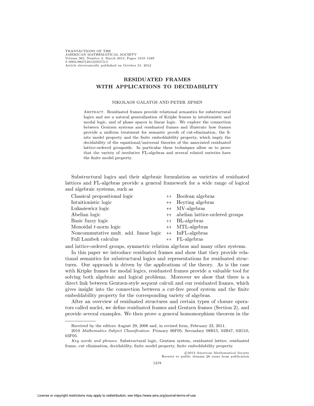 Residuated Frames with Applications to Decidability