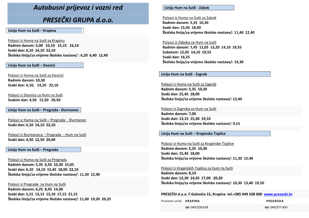 Autobusni Prijevoz I Vozni Red PRESEČKI GRUPA D.O.O