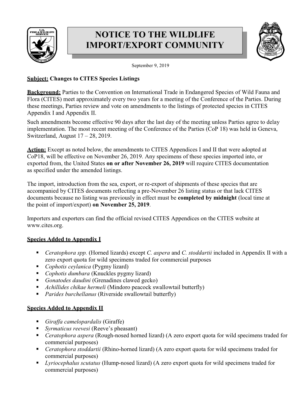 Changes to CITES Species Listings