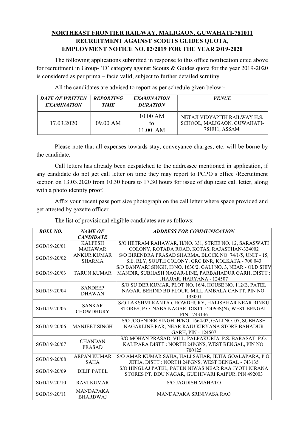 Northeast Frontier Railway, Maligaon, Guwahati-781011 Recruitment Against Scouts Guides Quota, Employment Notice No