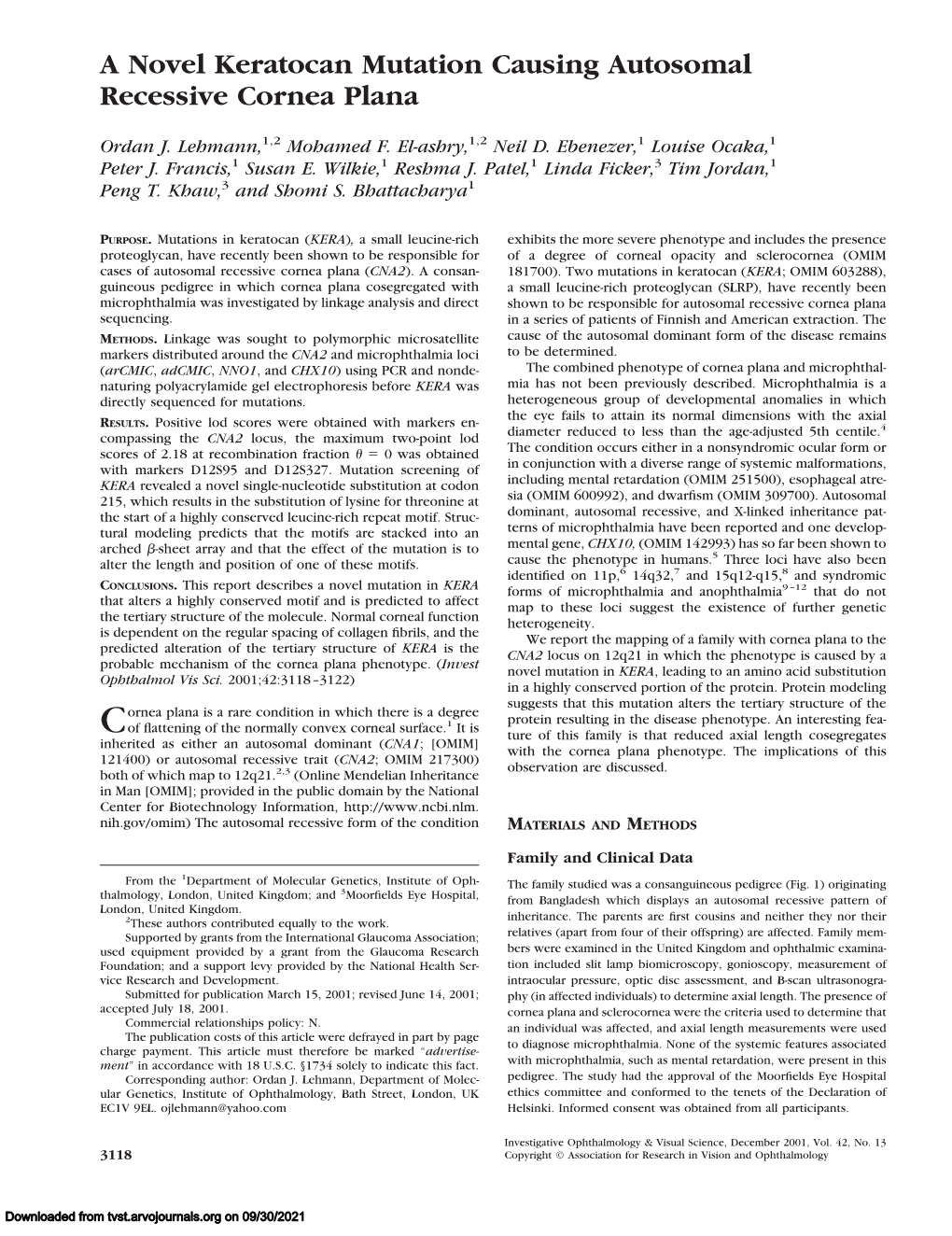 A Novel Keratocan Mutation Causing Autosomal Recessive Cornea Plana