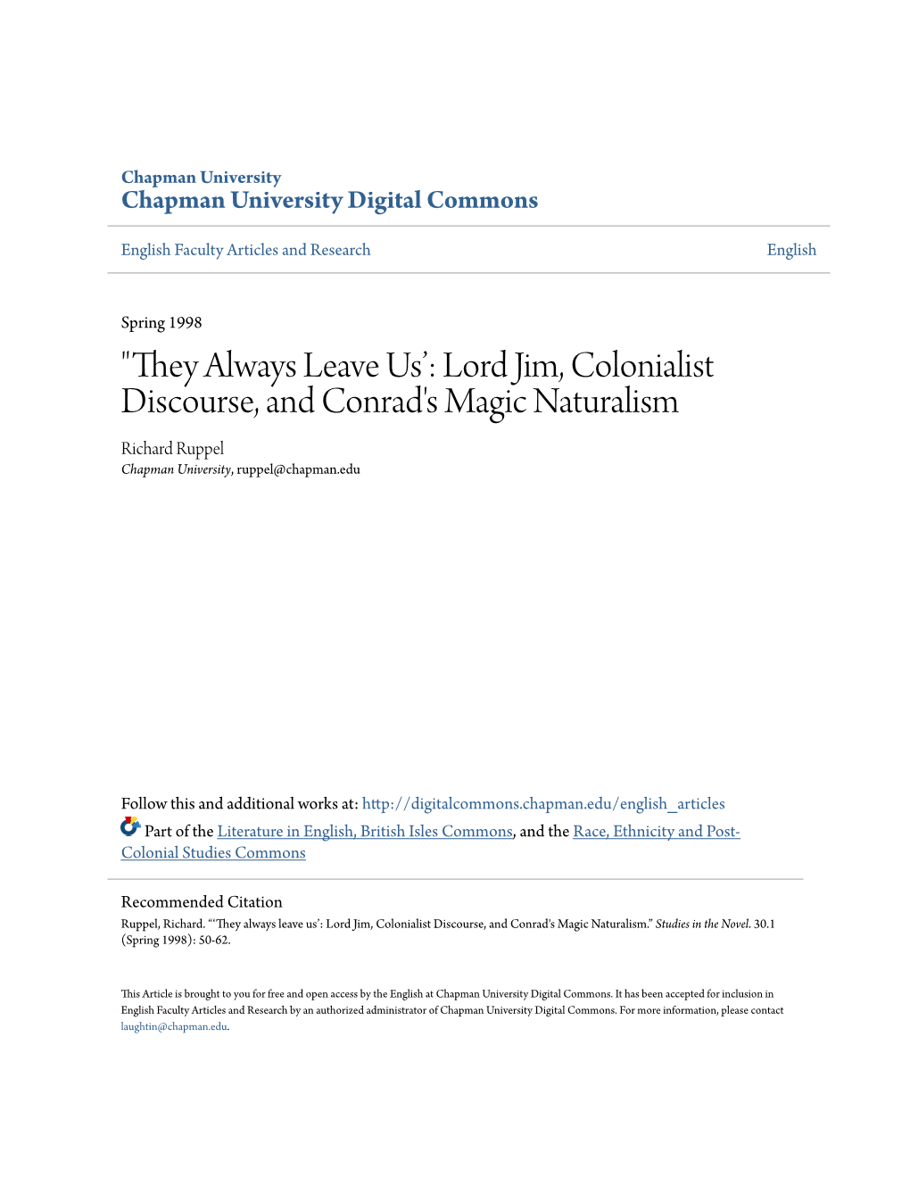 They Always Leave Usâ•Ž: Lord Jim, Colonialist Discourse, and Conrad's Magic Naturalism