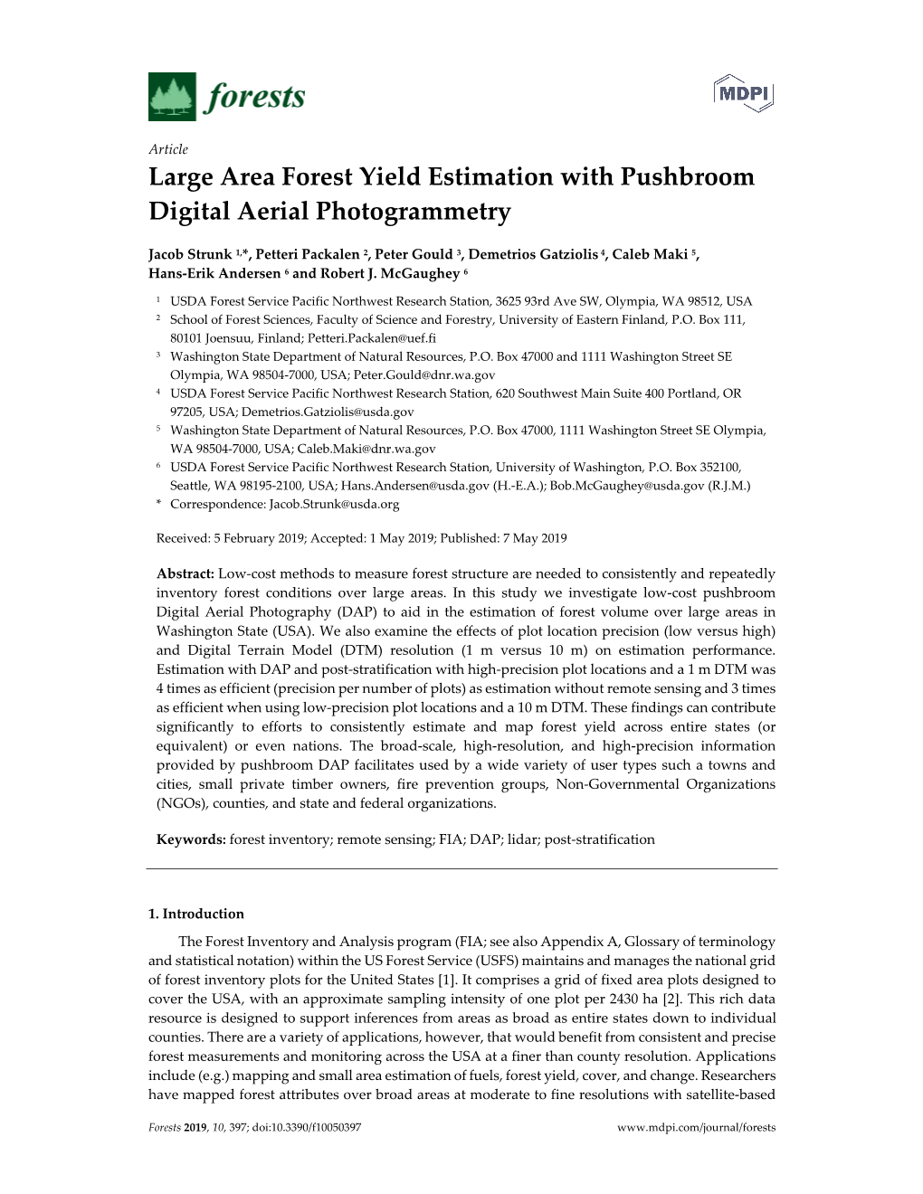 Large Area Forest Yield Estimation with Pushbroom Digital Aerial Photogrammetry