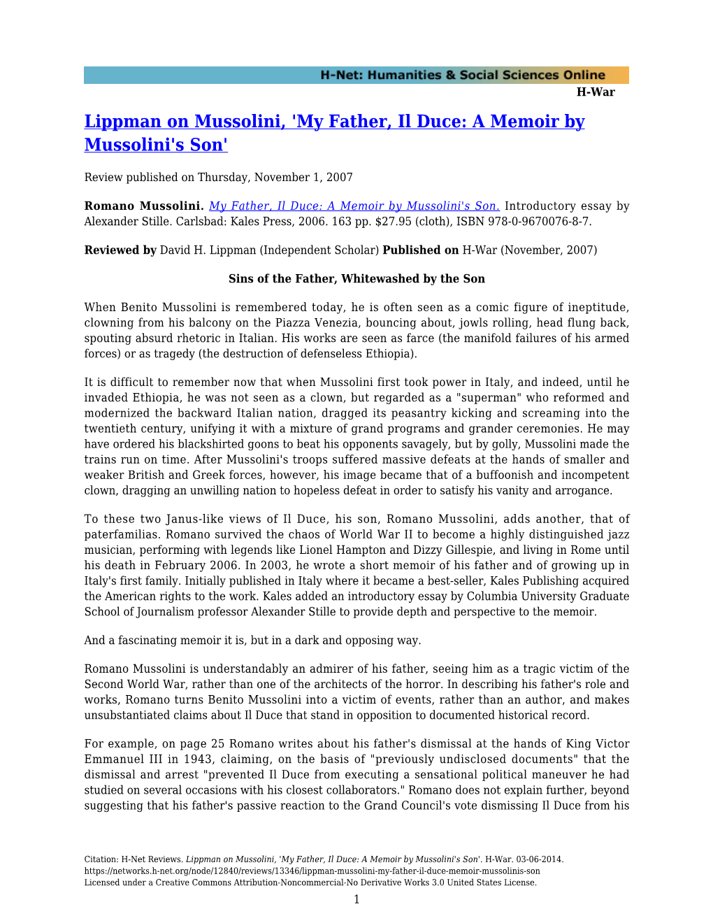 Lippman on Mussolini, 'My Father, Il Duce: a Memoir by Mussolini's Son'