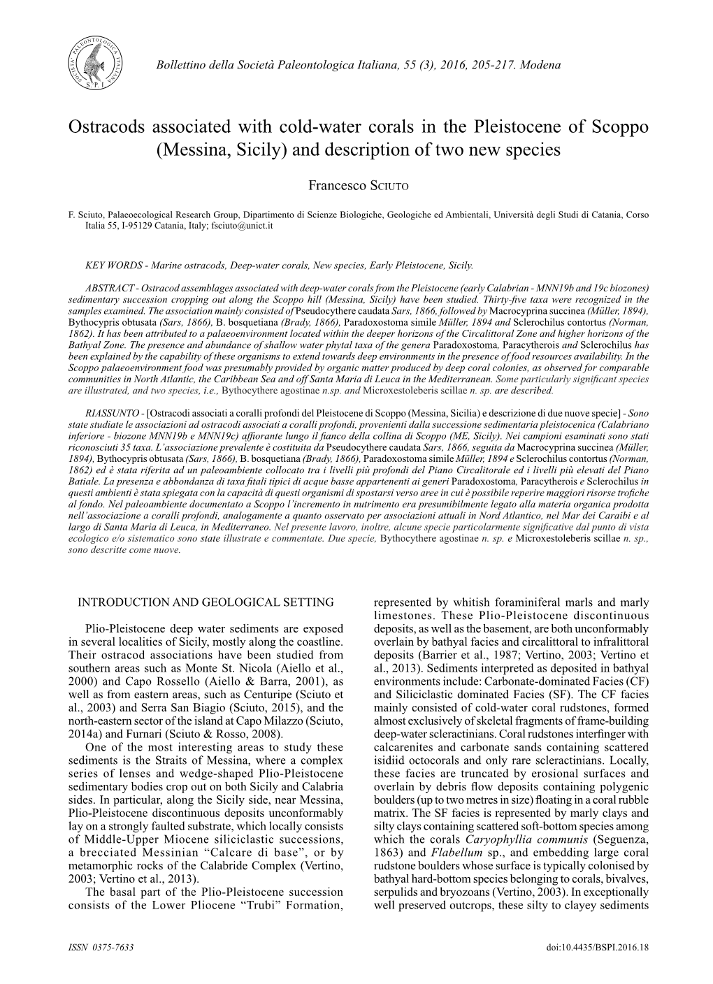 Ostracods Associated with Cold-Water Corals in the Pleistocene of Scoppo (Messina, Sicily) and Description of Two New Species