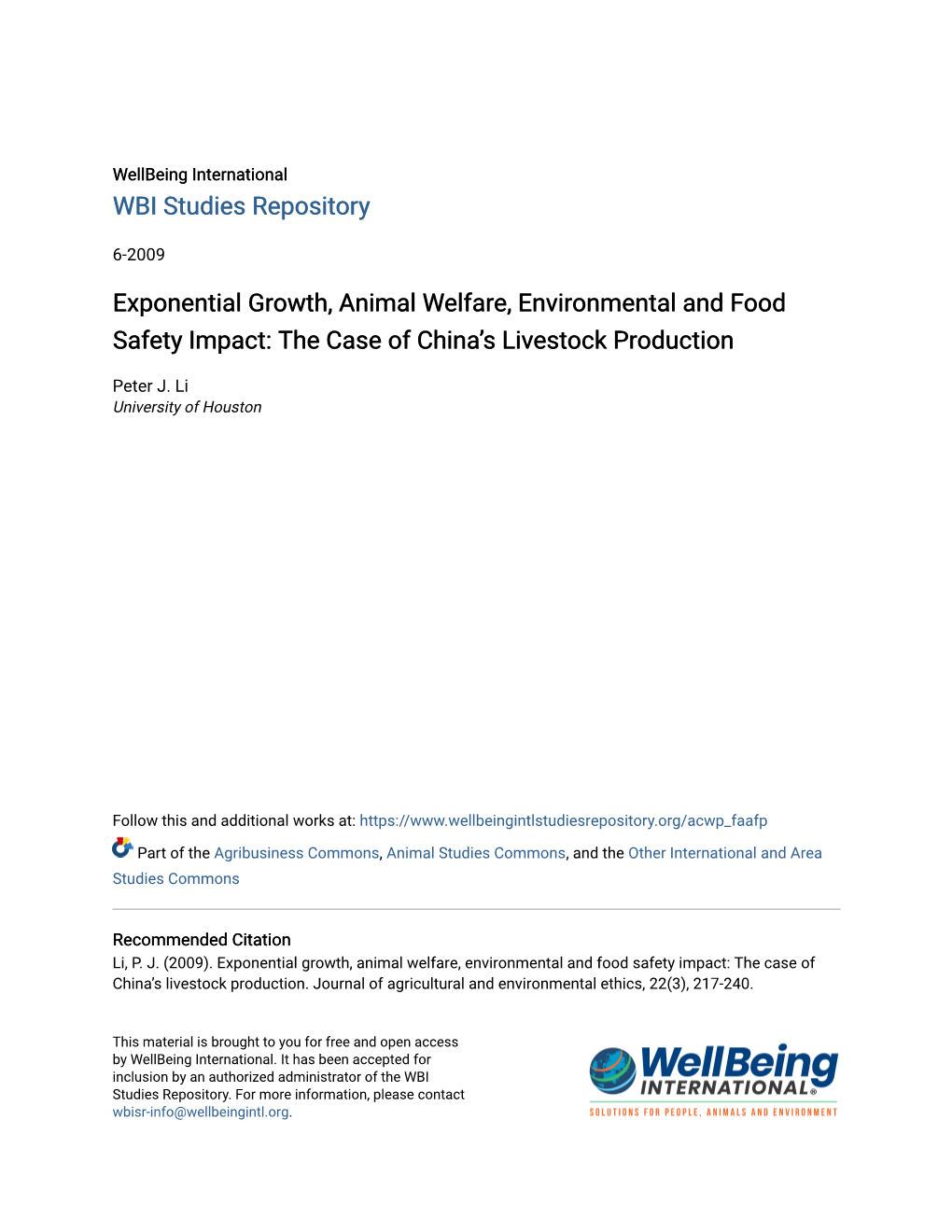 Exponential Growth, Animal Welfare, Environmental and Food Safety Impact: the Case of China’S Livestock Production