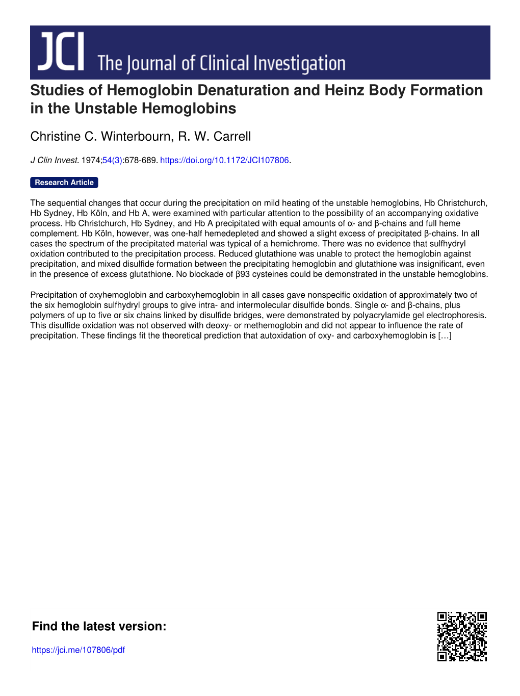 Studies of Hemoglobin Denaturation and Heinz Body Formation in the Unstable Hemoglobins