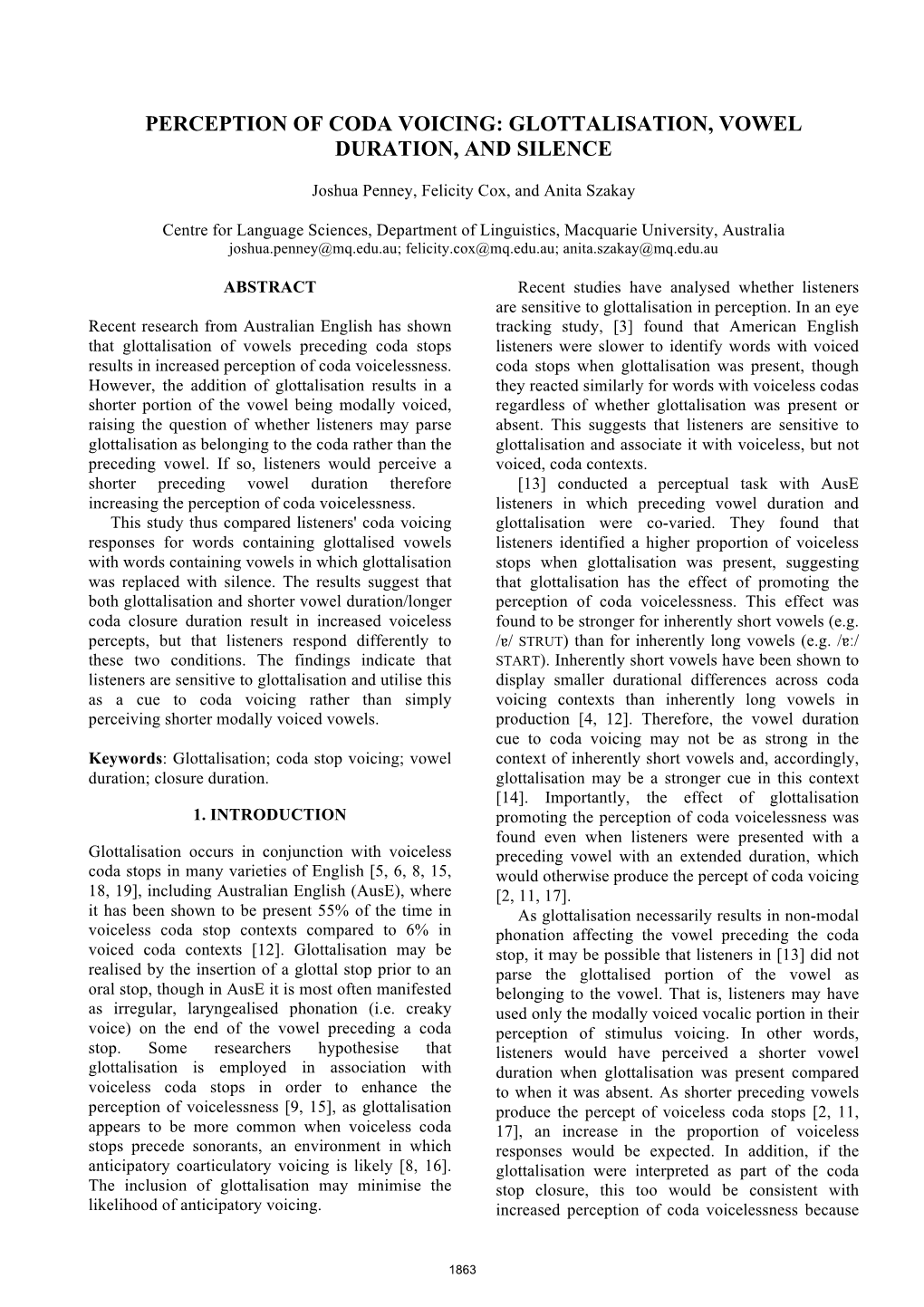 Perception of Coda Voicing: Glottalisation, Vowel Duration, and Silence