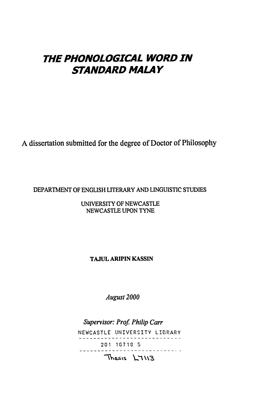 A Dissertation Submitted for the Degree of Doctor of Philosophy
