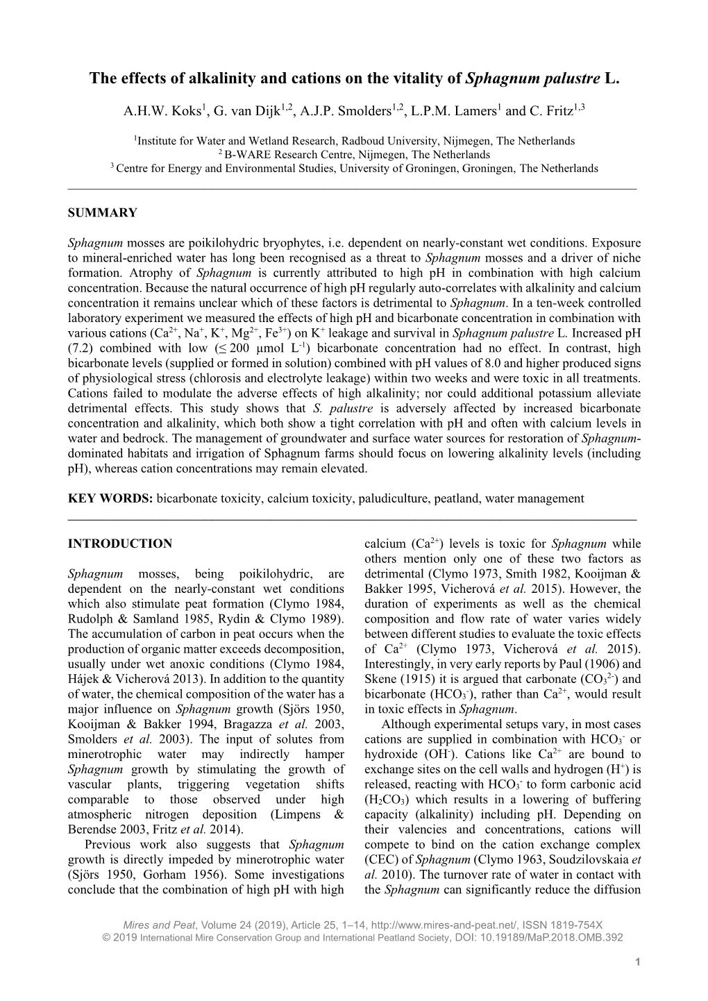 The Effects of Alkalinity and Cations on the Vitality of Sphagnum Palustre L
