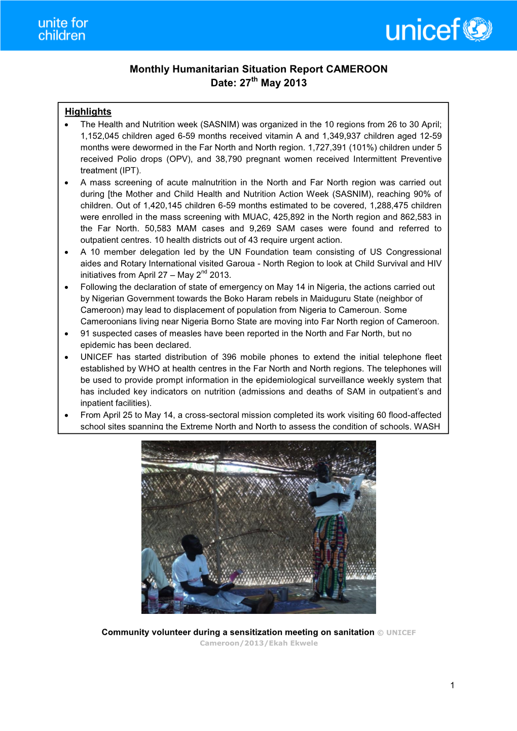 Monthly Humanitarian Situation Report CAMEROON Date: 27Th May 2013