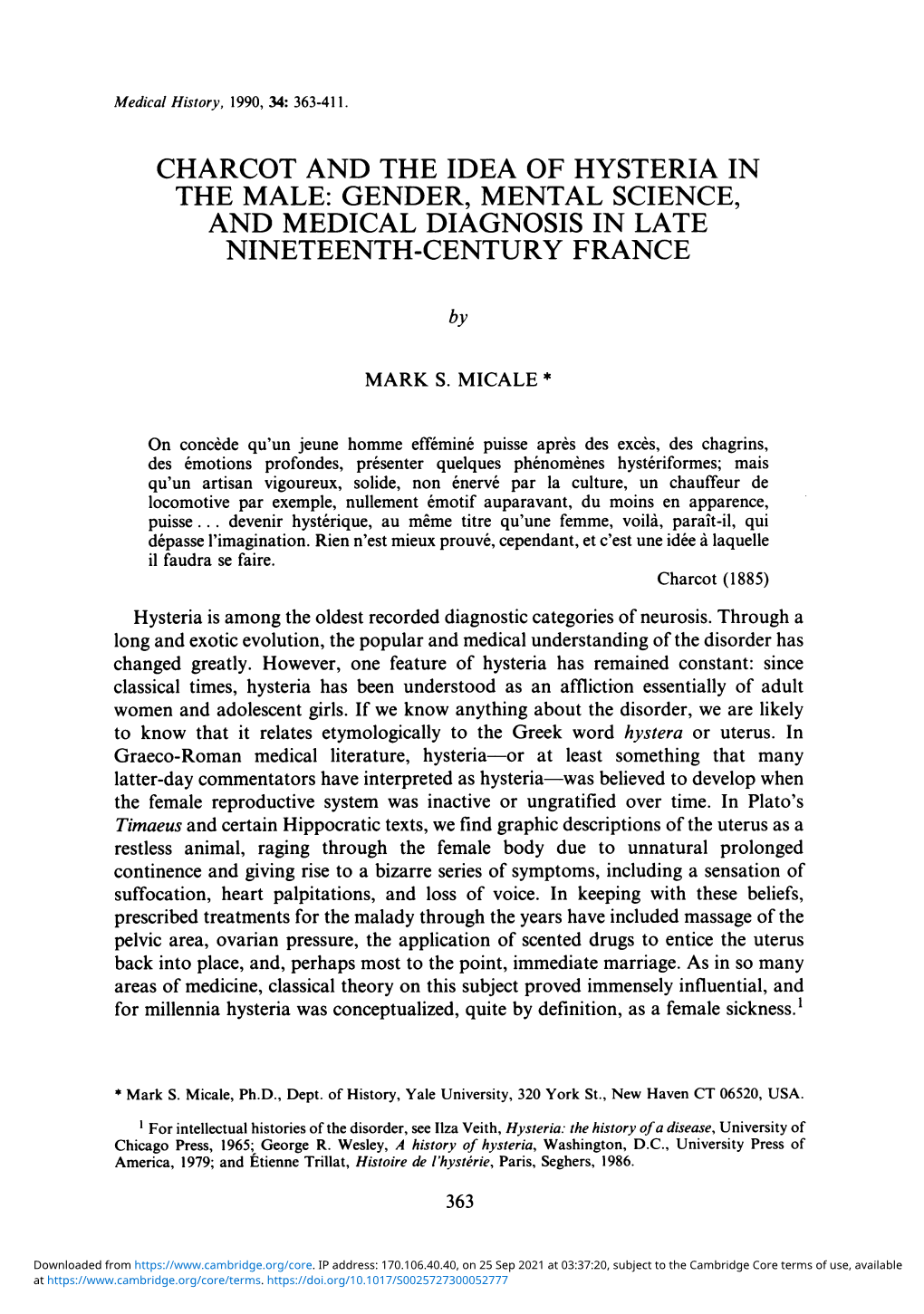 Charcot and the Idea of Hysteria in the Male: Gender, Mental Science, and Medical Diagnosis in Late Nineteenth-Century France