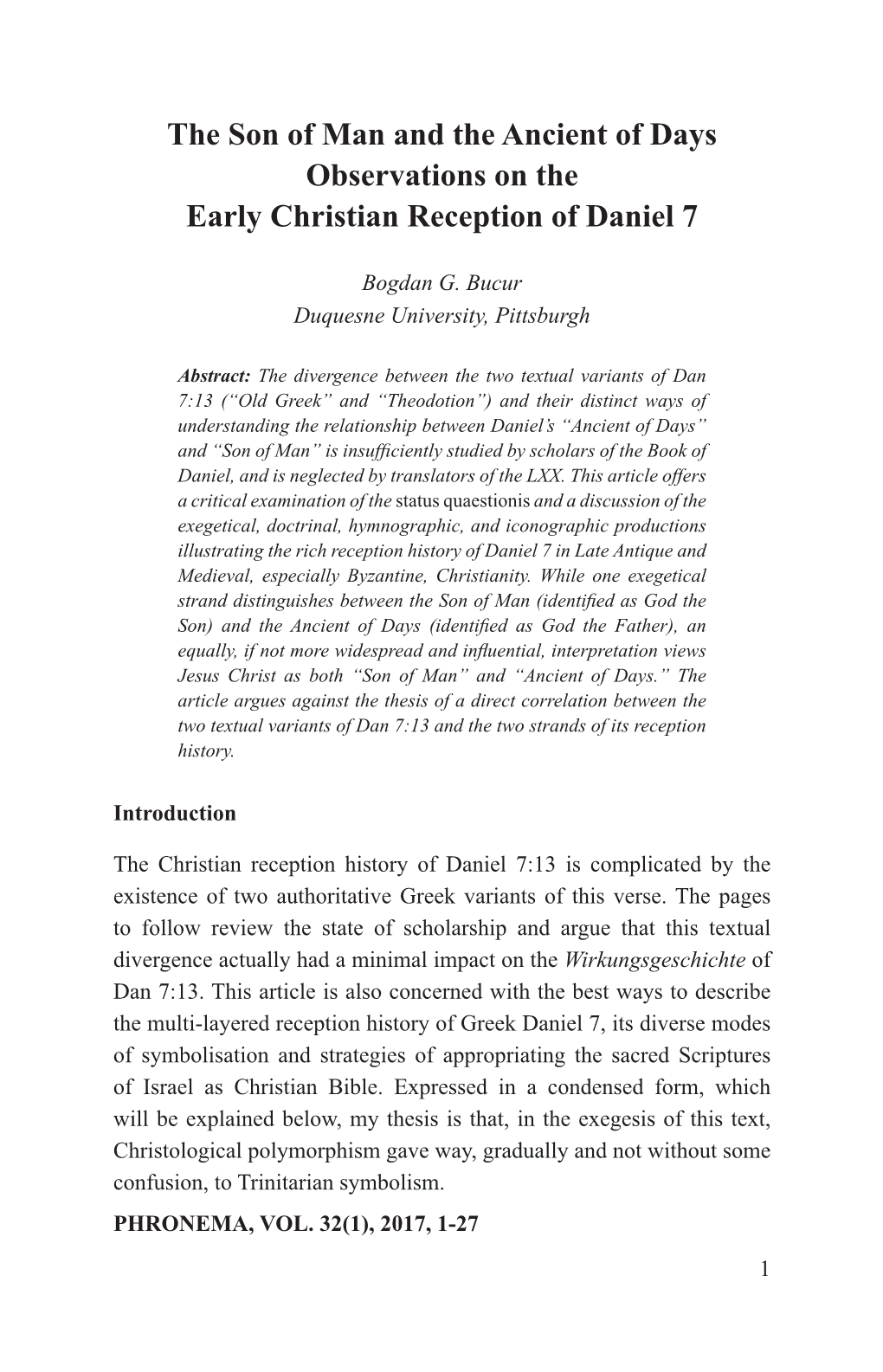 The Son of Man and the Ancient of Days Observations on the Early Christian Reception of Daniel 7