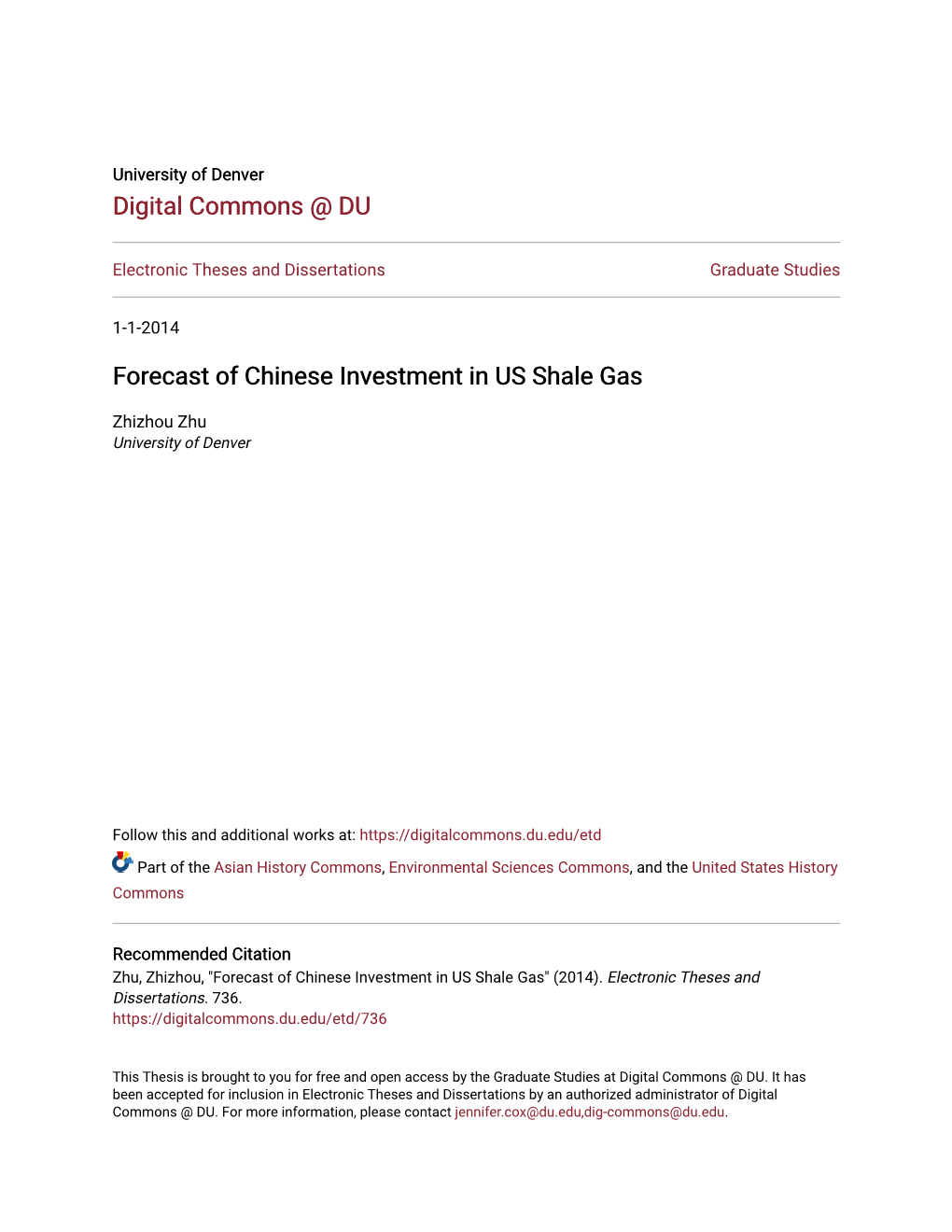 Forecast of Chinese Investment in US Shale Gas