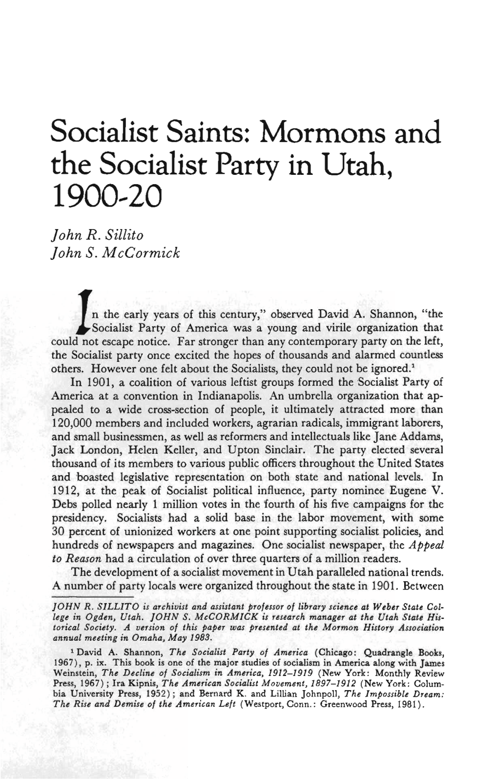 Mormons and the Socialist Party in Utah, 1900-20 John R