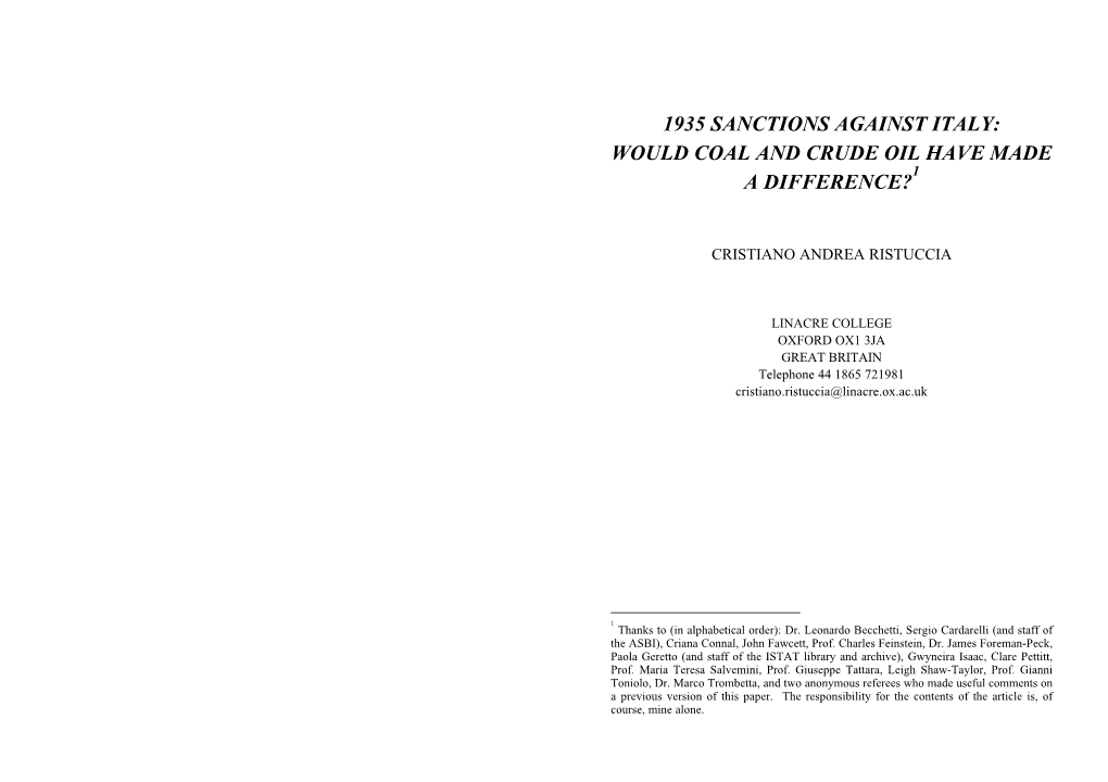 1935 Sanctions Against Italy: Would Coal and Crude Oil Have Made a Difference?