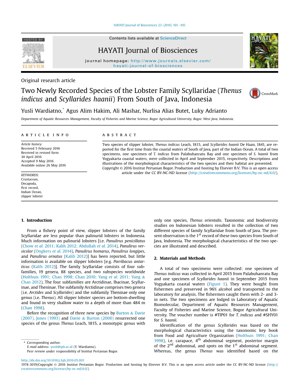 Two Newly Recorded Species of the Lobster Family Scyllaridae (Thenus Indicus and Scyllarides Haanii) from South of Java, Indonesia