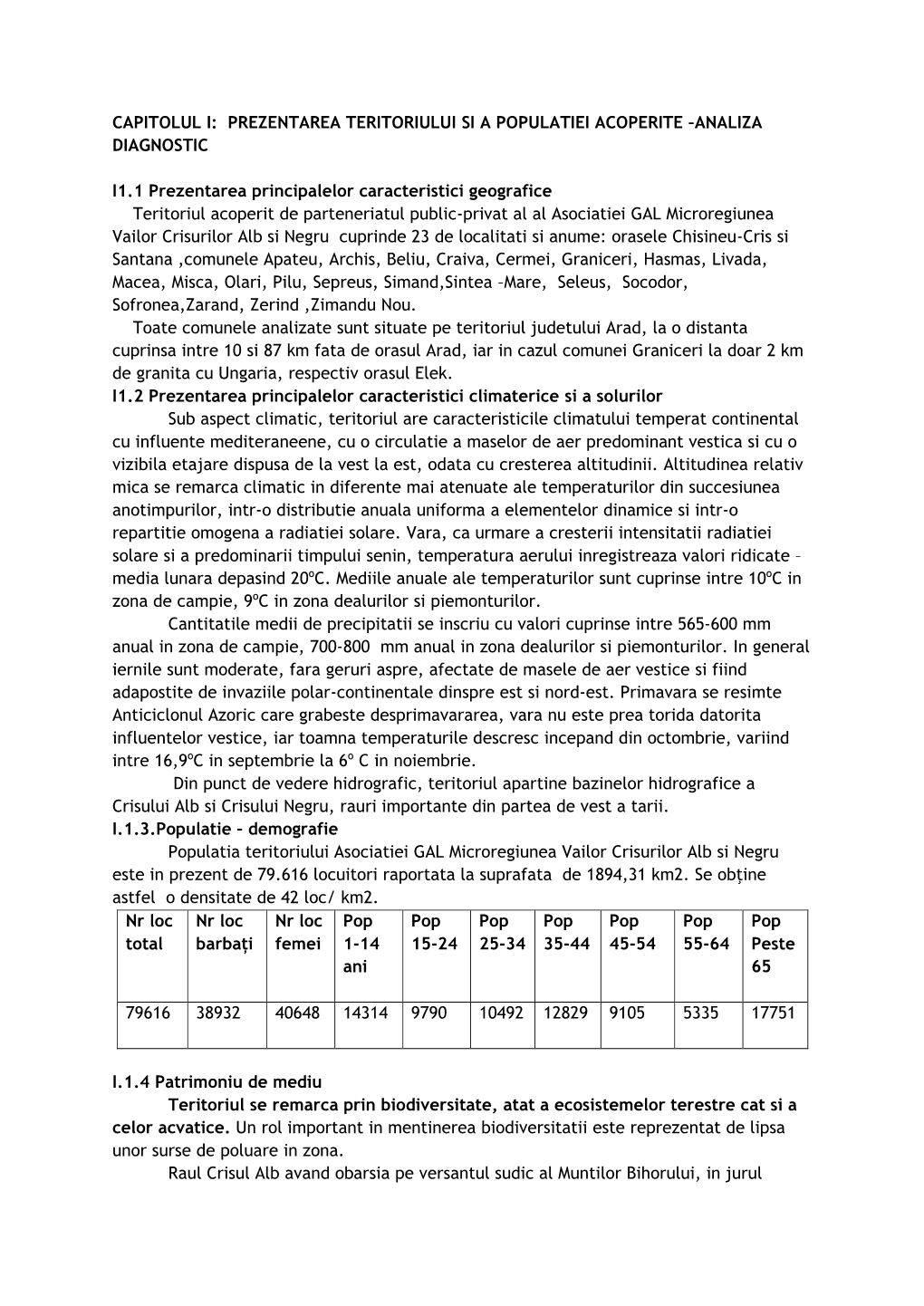 Capitolul I: Prezentarea Teritoriului Si a Populatiei Acoperite –Analiza Diagnostic