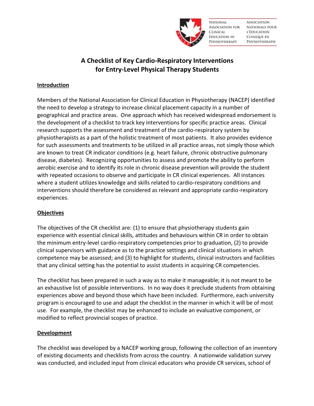 A Checklist of Key Cardio-Respiratory Interventions for Entry-Level Physical Therapy Students