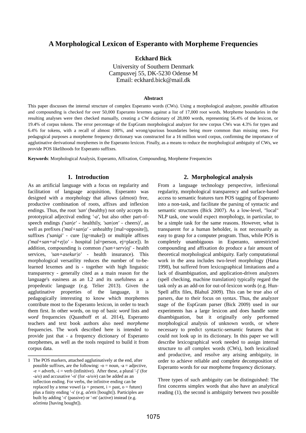 A Morphological Lexicon of Esperanto with Morpheme Frequencies