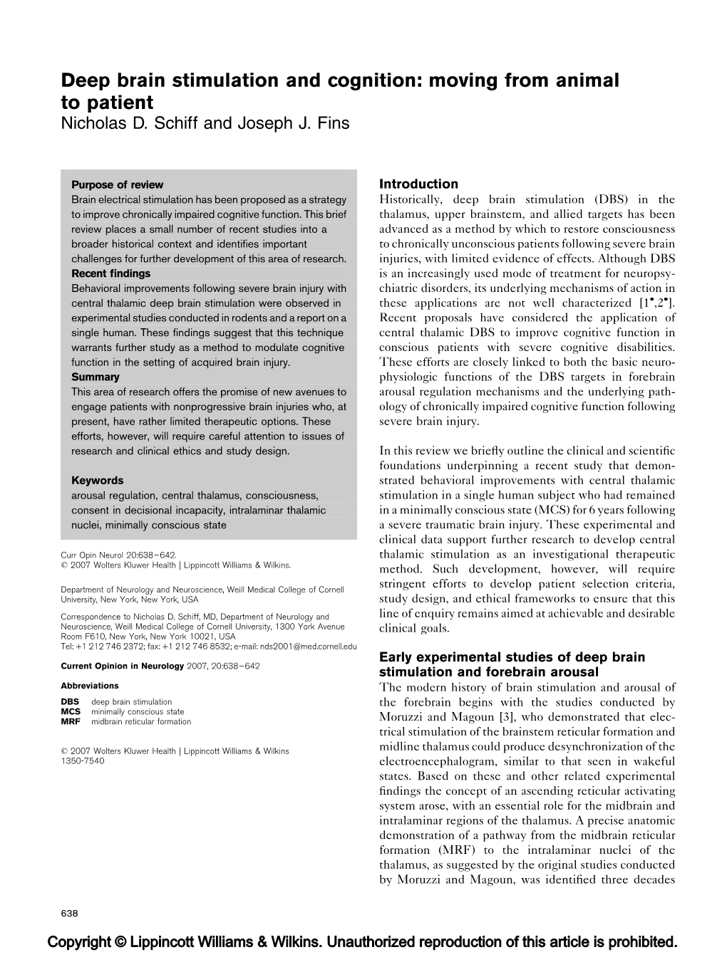 Deep Brain Stimulation and Cognition: Moving from Animal to Patient Nicholas D