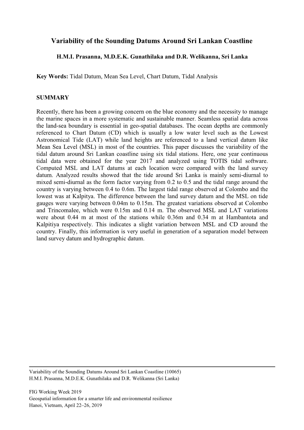 Variability of the Sounding Datums Around Sri Lankan Coastline