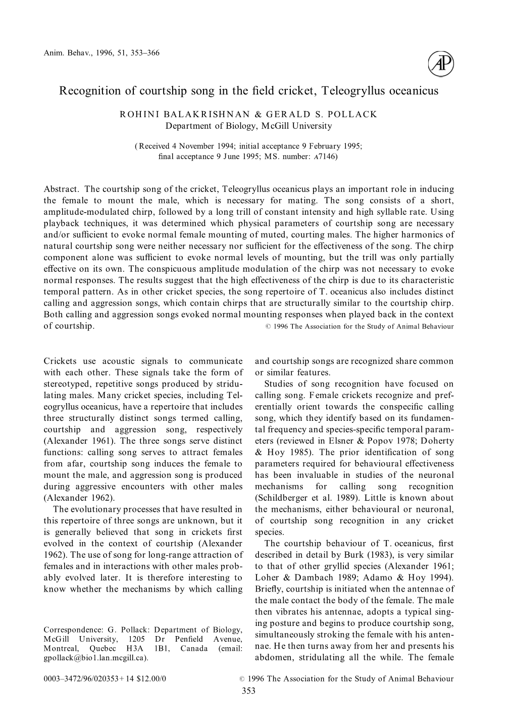 Recognition of Courtship Song in the Field Cricket, Teleogryllus Oceanicus