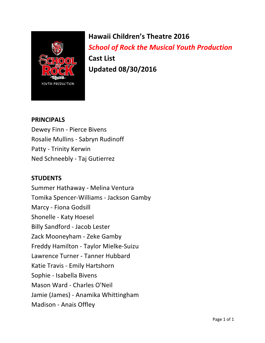 School of Rock the Musical Youth Production Cast List Updated 08/30/2016