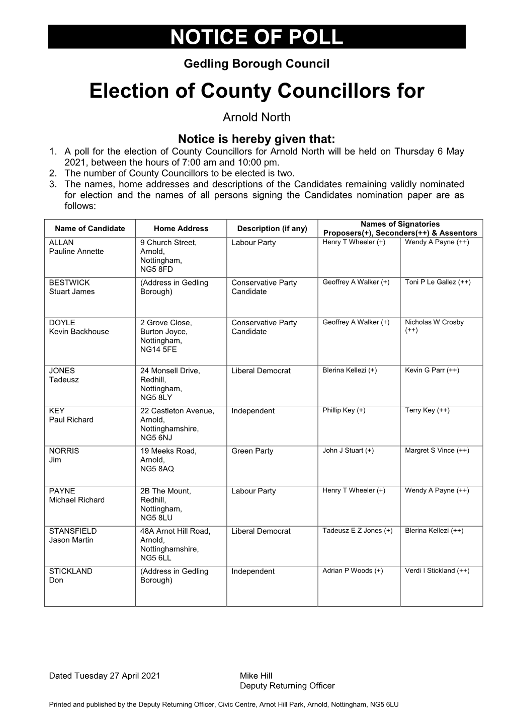 NOTICE of POLL Election of County Councillors