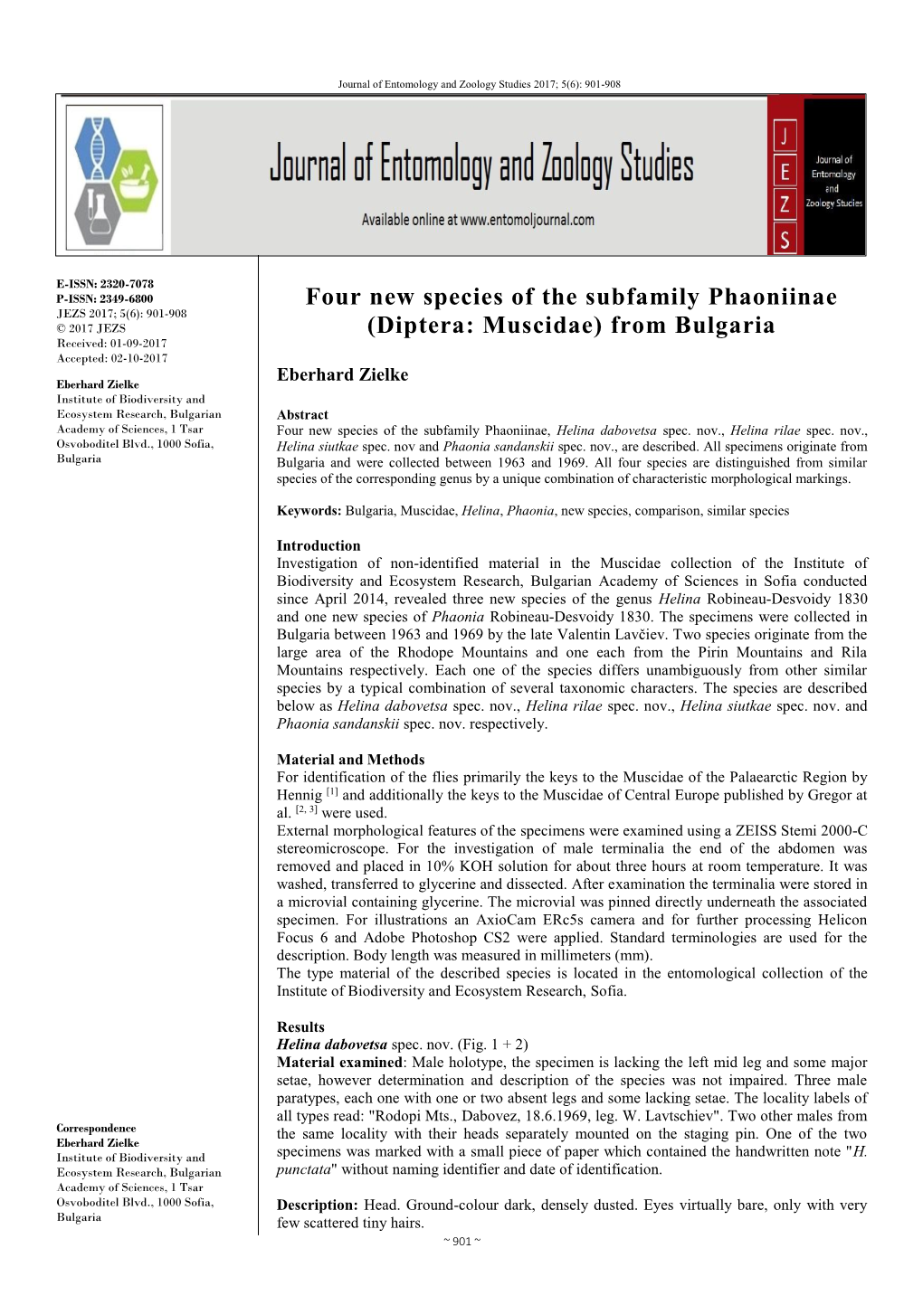 Four New Species of the Subfamily Phaoniinae (Diptera: Muscidae) from Bulgaria