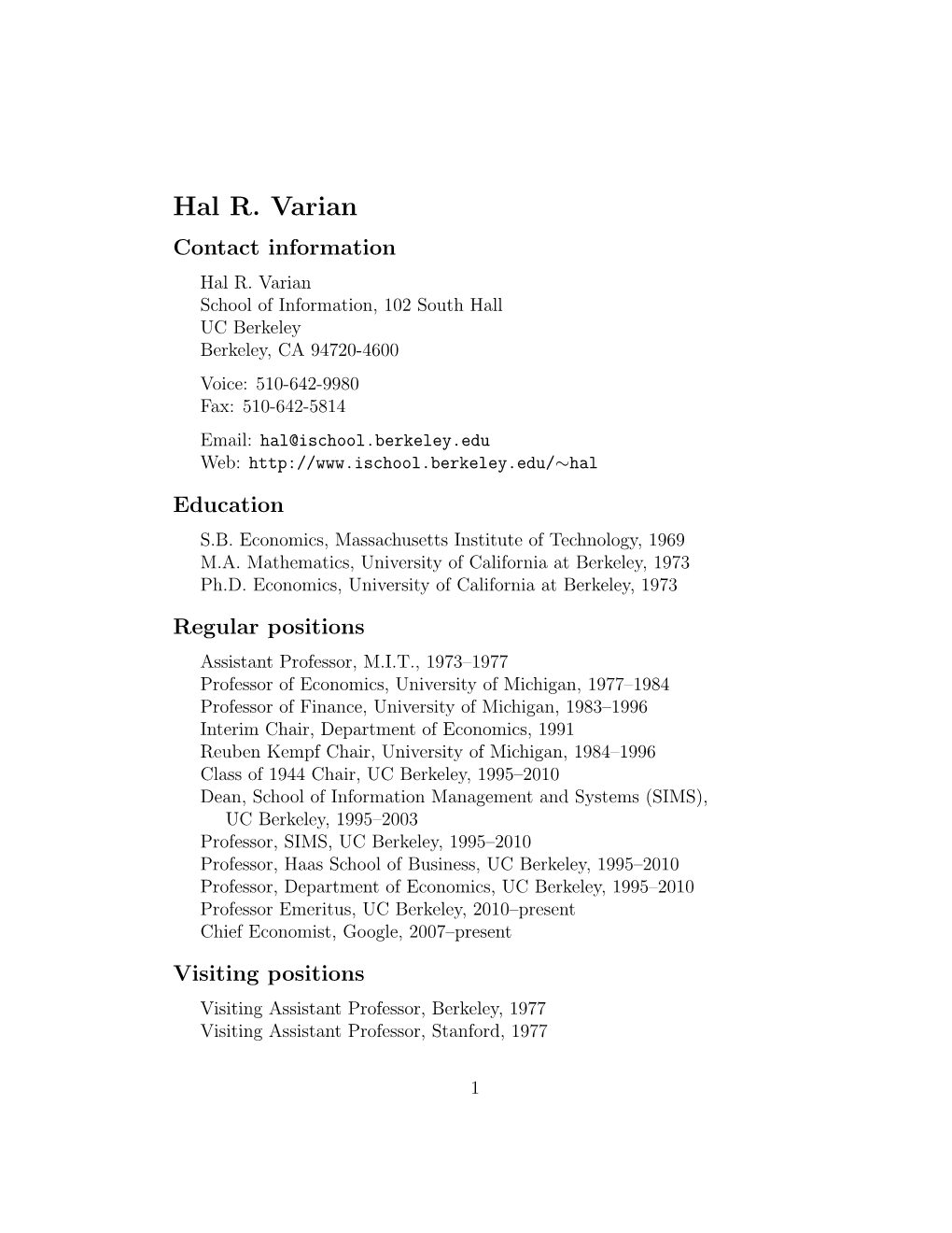 Hal R. Varian Contact Information Hal R