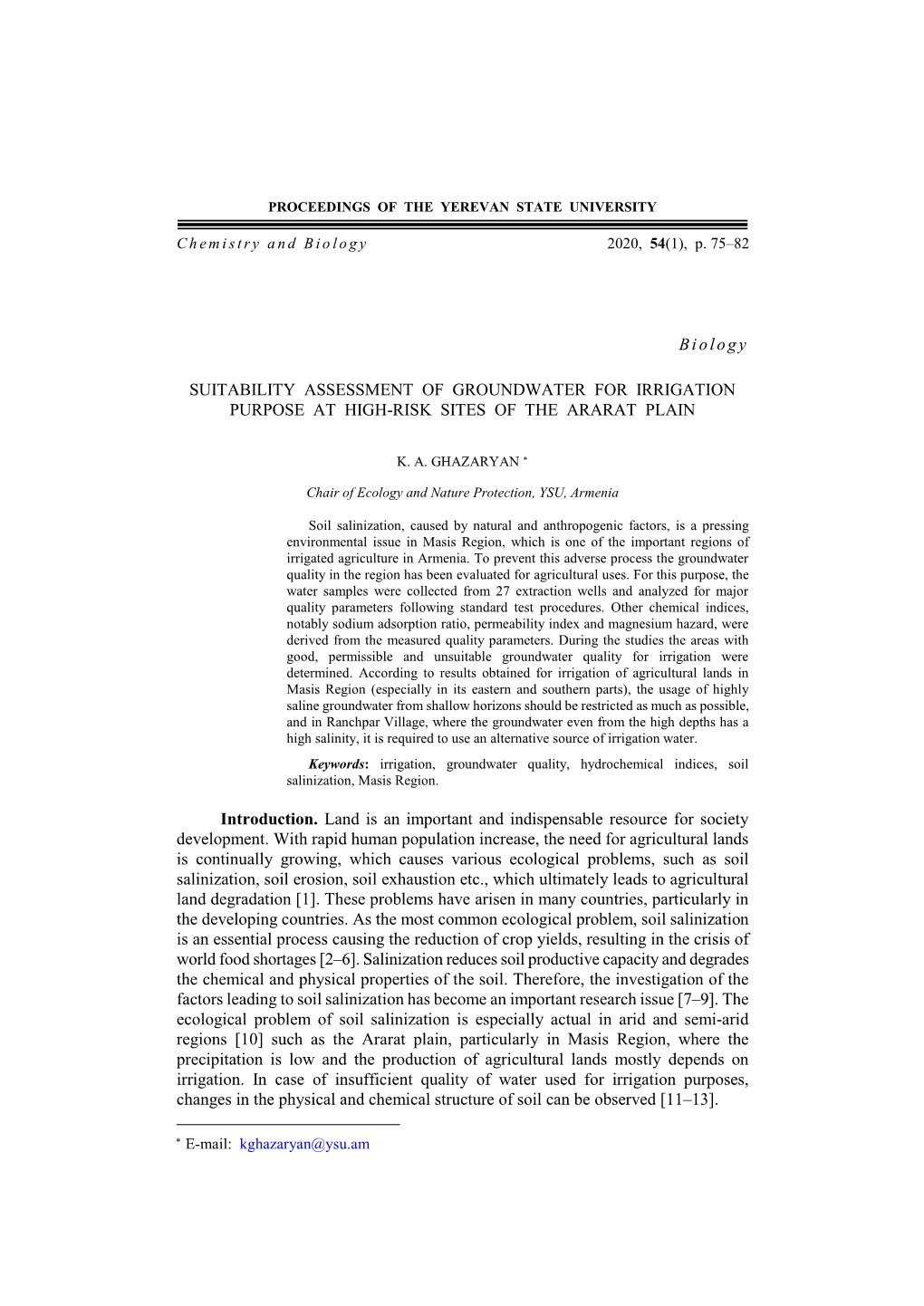 Suitability Assessment of Groundwater for Irrigation Purpose at High-Risk Sites of the Ararat Plain