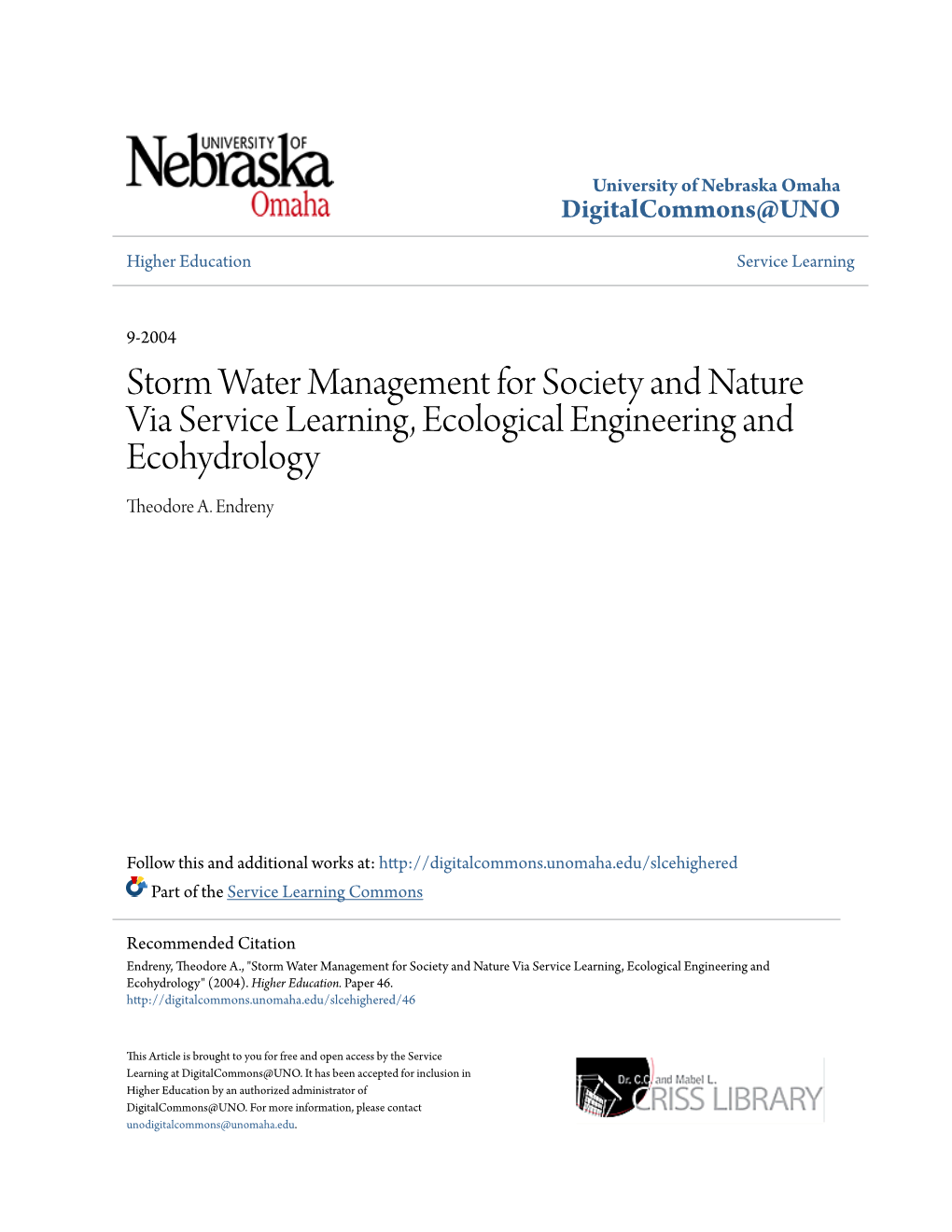 Storm Water Management for Society and Nature Via Service Learning, Ecological Engineering and Ecohydrology Theodore A