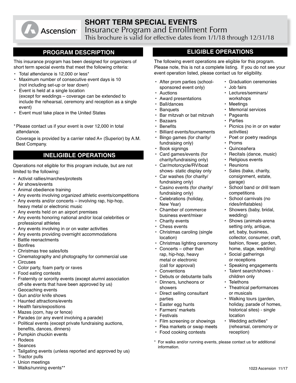 Insurance Program and Enrollment Form This Brochure Is Valid for Effective Dates from 1/1/18 Through 12/31/18