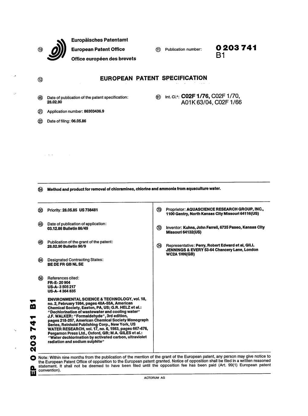 Method and Product for Removal of Chloramines, Chlorine and Ammonia from Aquaculture Water