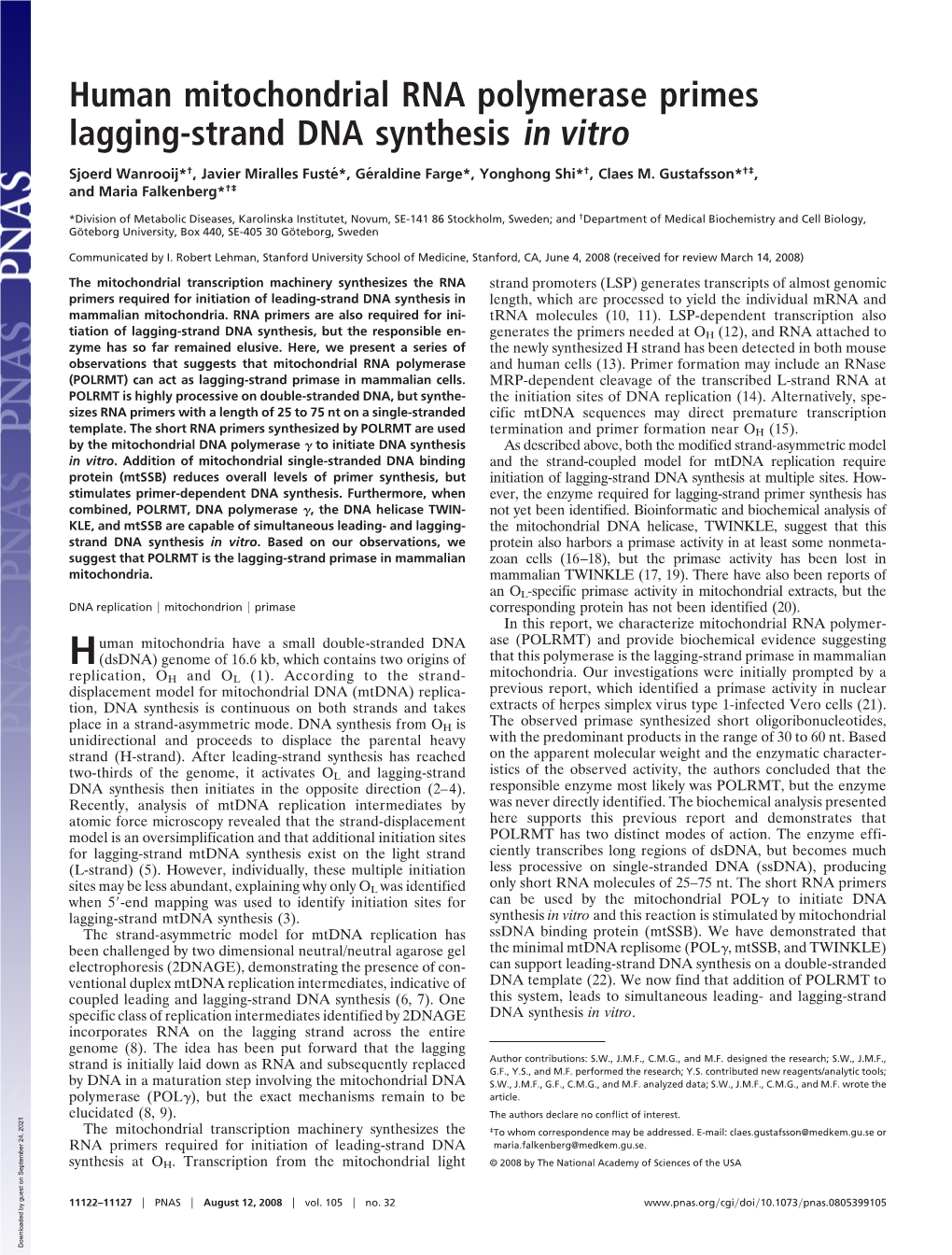 Human Mitochondrial RNA Polymerase Primes Lagging-Strand DNA Synthesis in Vitro