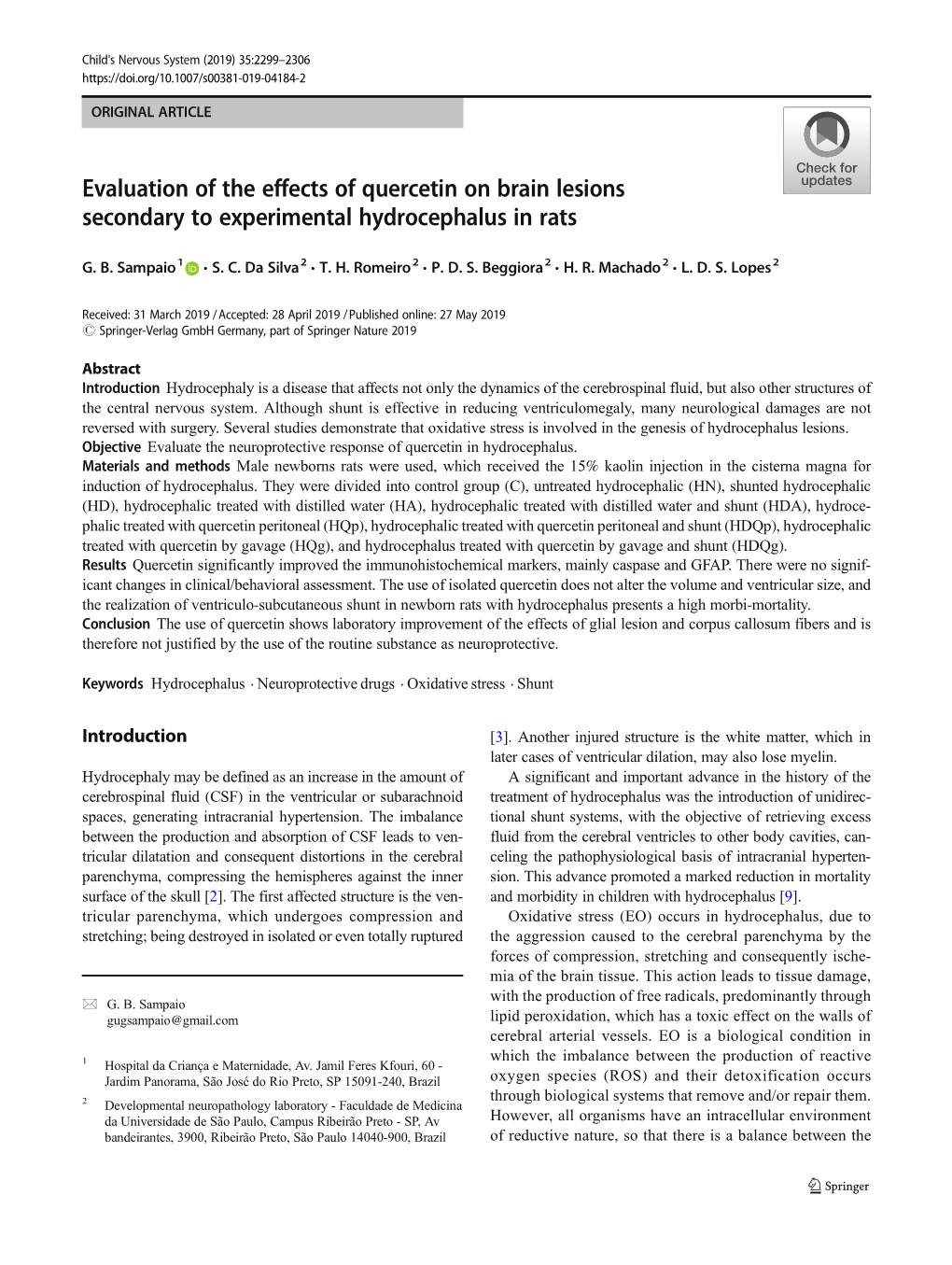 Evaluation of the Effects of Quercetin on Brain Lesions Secondary to Experimental Hydrocephalus in Rats