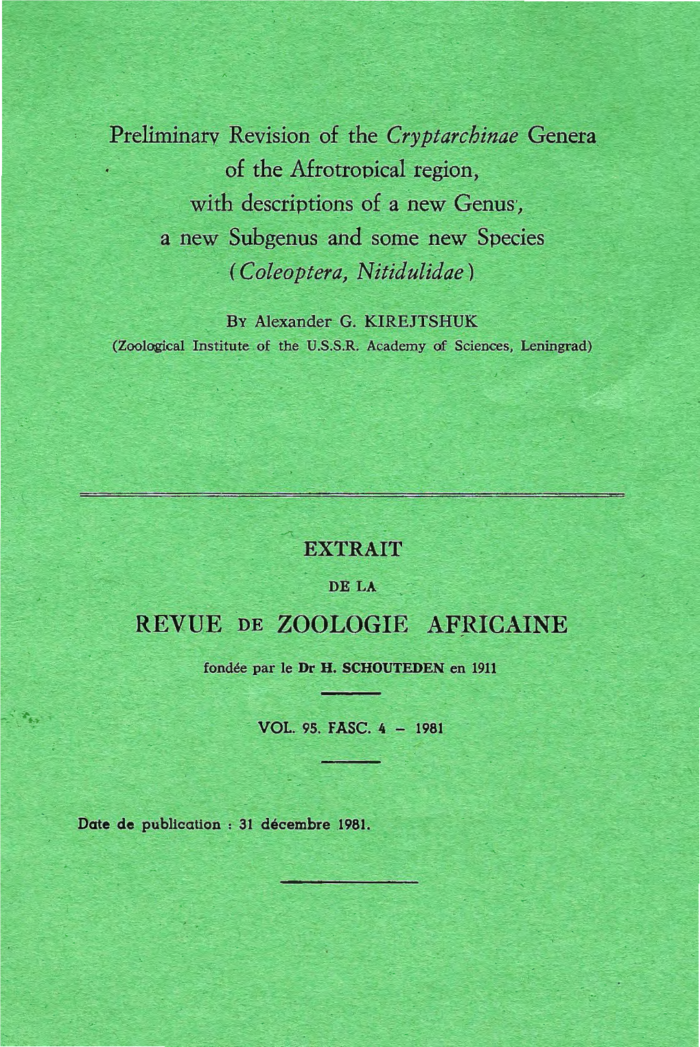 REVUE DE ZOOLOGIE AF;Ilicaine