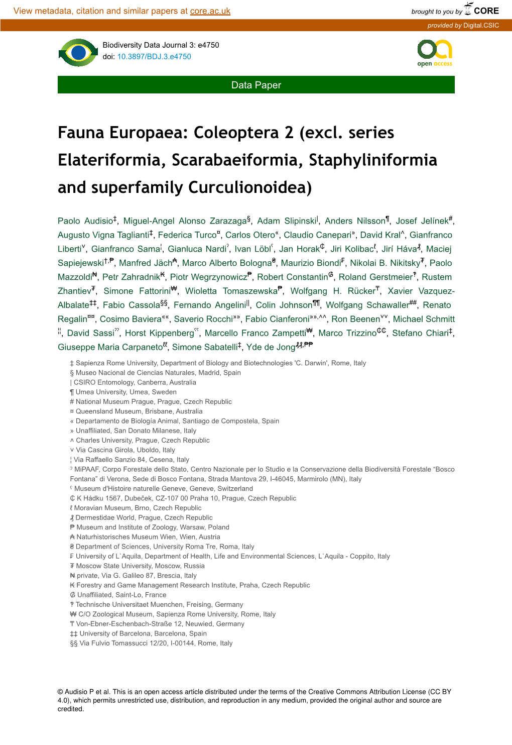 Fauna Europaea: Coleoptera 2 (Excl. Series Elateriformia, Scarabaeiformia, Staphyliniformia and Superfamily Curculionoidea)