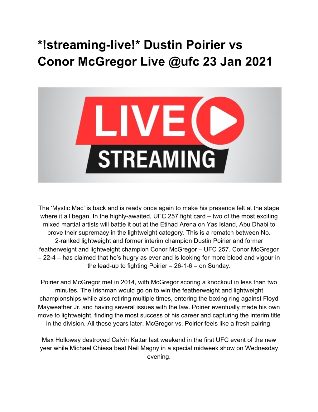 Streaming-Live!* Dustin Poirier Vs Conor Mcgregor Live @Ufc 23 Jan 2021