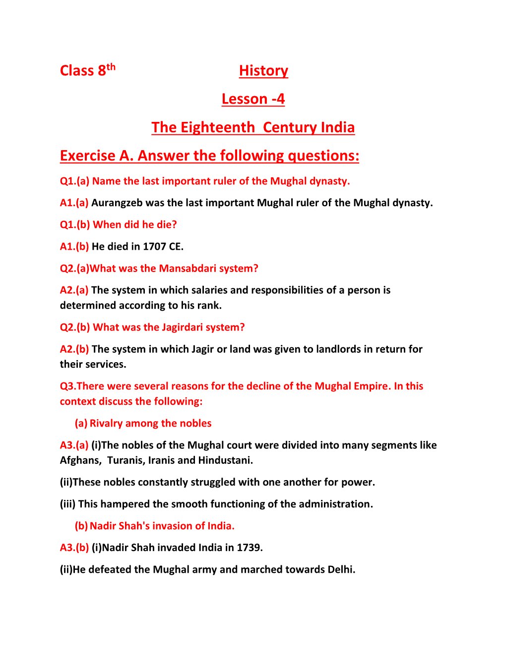 Class 8Th History Lesson -4 the Eighteenth Century India Exercise A. Answer the Following Questions: Q1.(A) Name the Last Important Ruler of the Mughal Dynasty