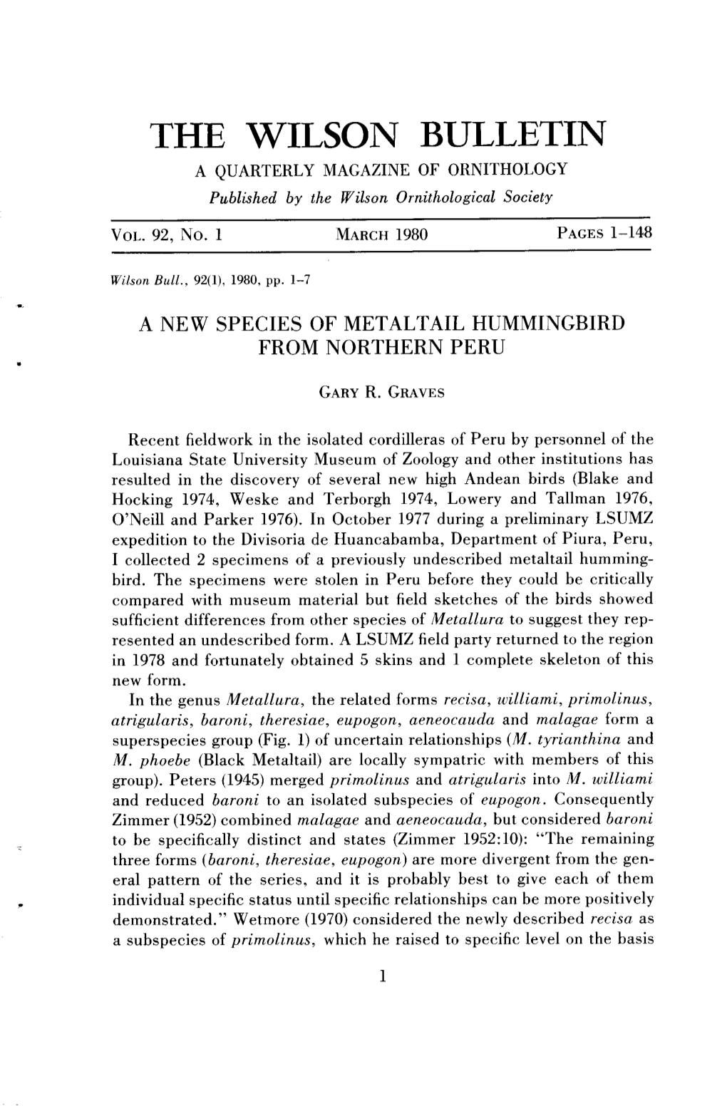 A New Species of Metaltail Hummingbird from Northern Peru