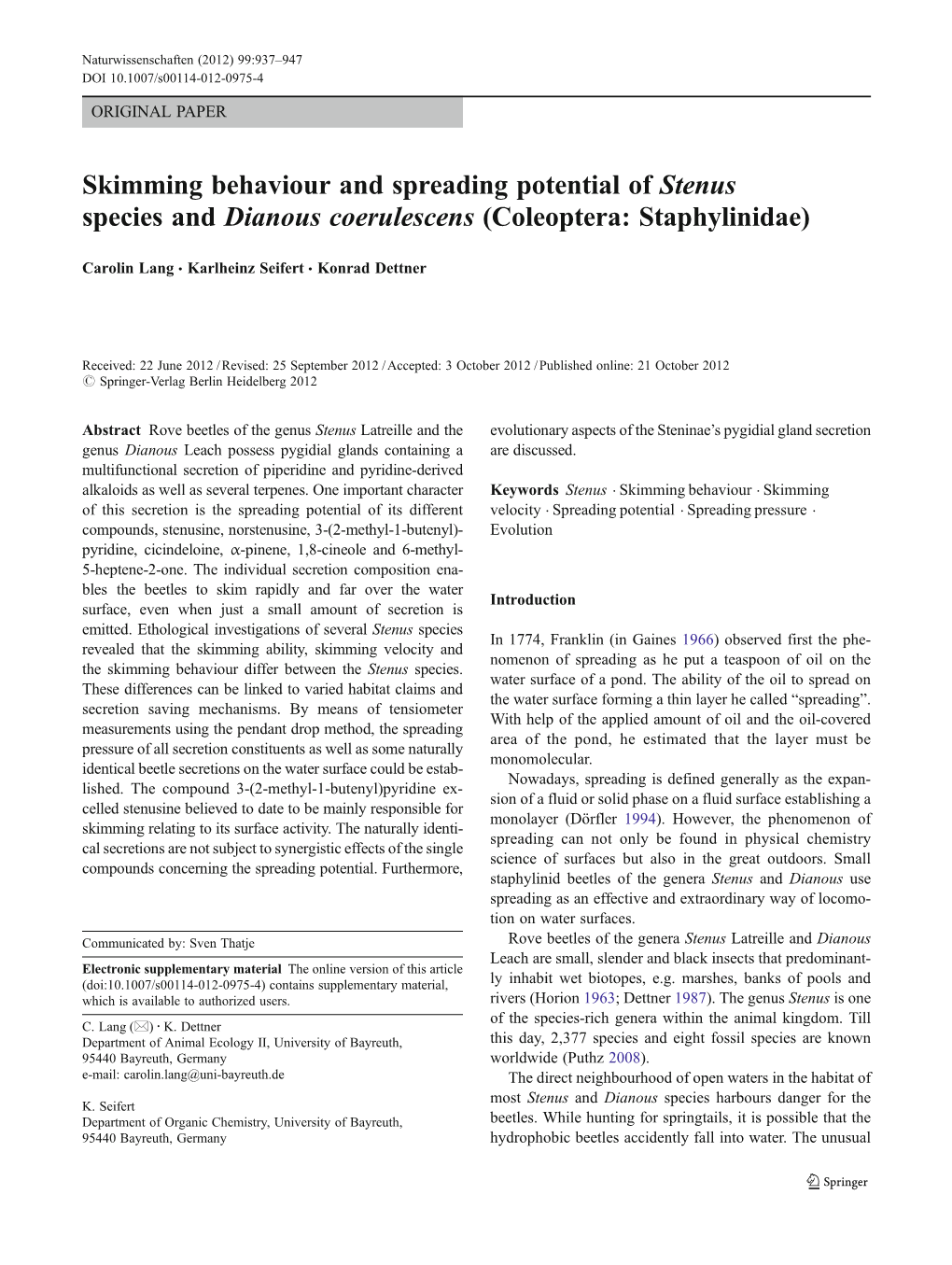 Skimming Behaviour and Spreading Potential of Stenus Species and Dianous Coerulescens (Coleoptera: Staphylinidae)