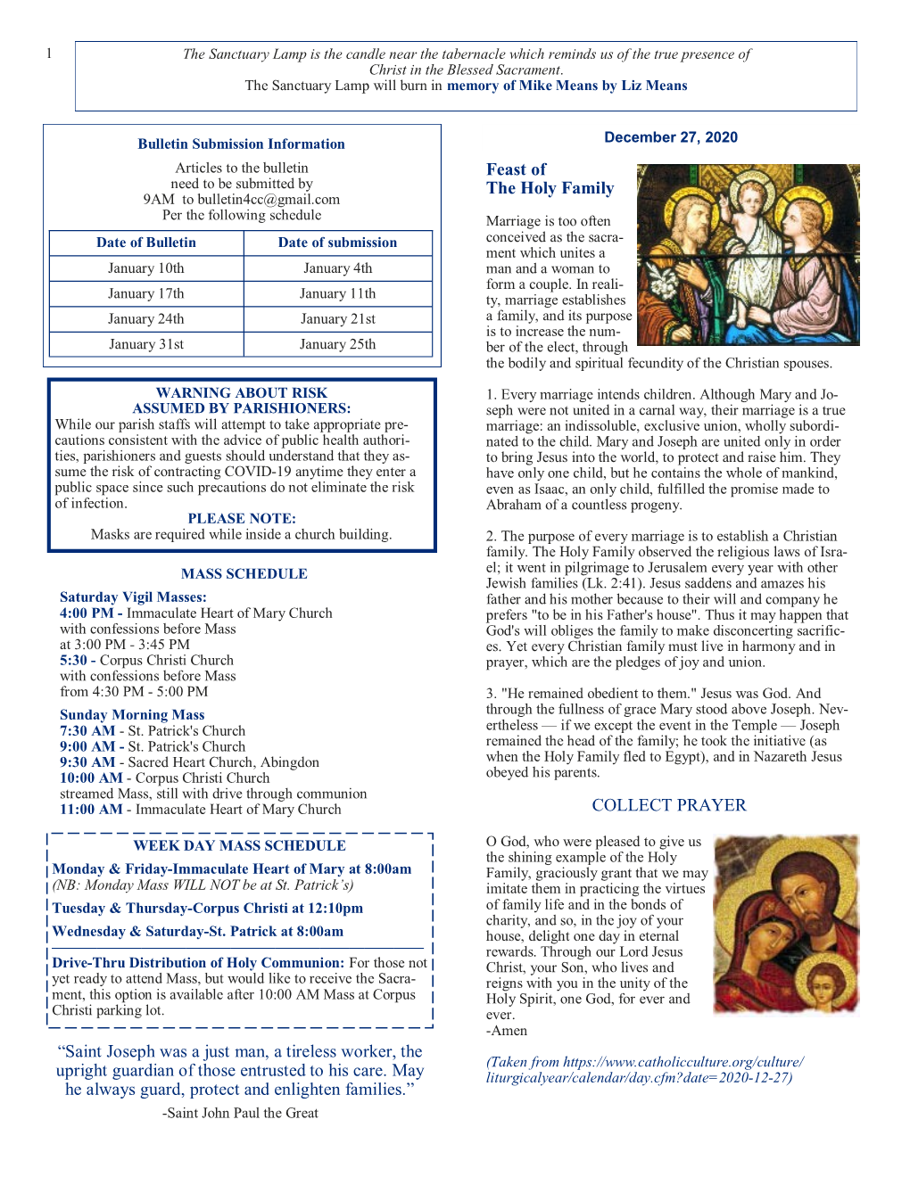 Feast of the Holy Family COLLECT PRAYER
