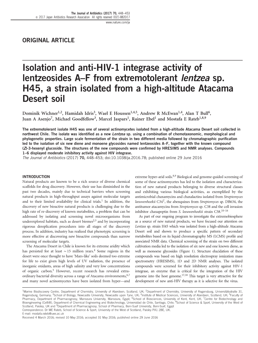 Isolation and Anti-HIV-1 Integrase Activity of Lentzeosides A–F from Extremotolerant Lentzea Sp