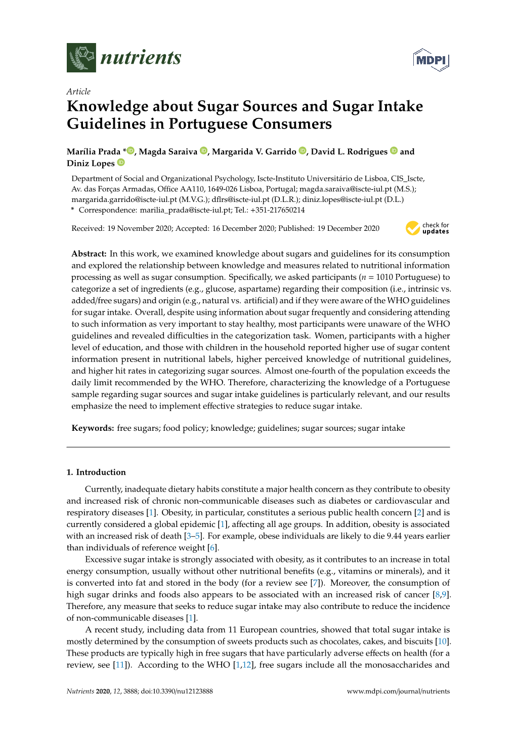 Knowledge About Sugar Sources and Sugar Intake Guidelines in Portuguese Consumers