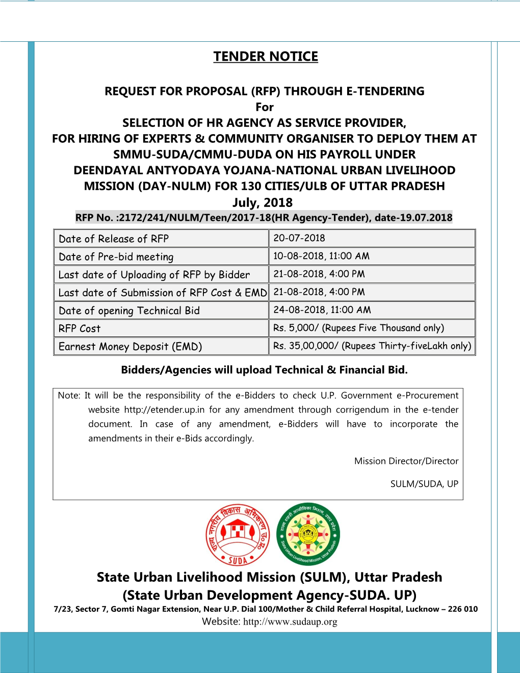 TENDER NOTICE State Urban Livelihood Mission