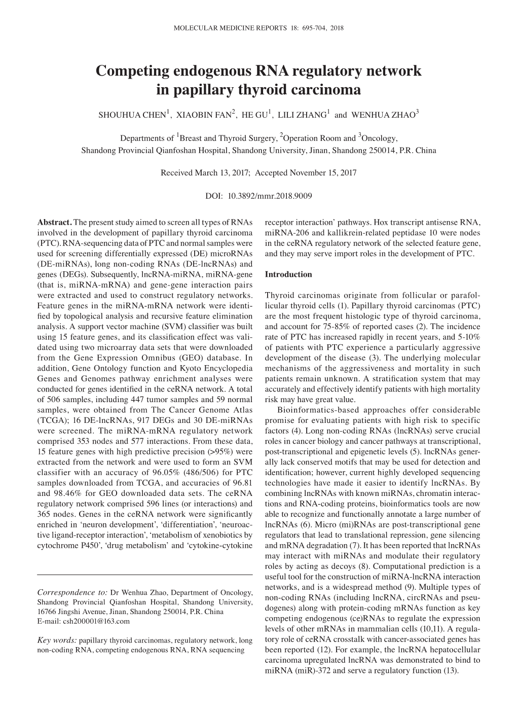 Competing Endogenous RNA Regulatory Network in Papillary Thyroid Carcinoma