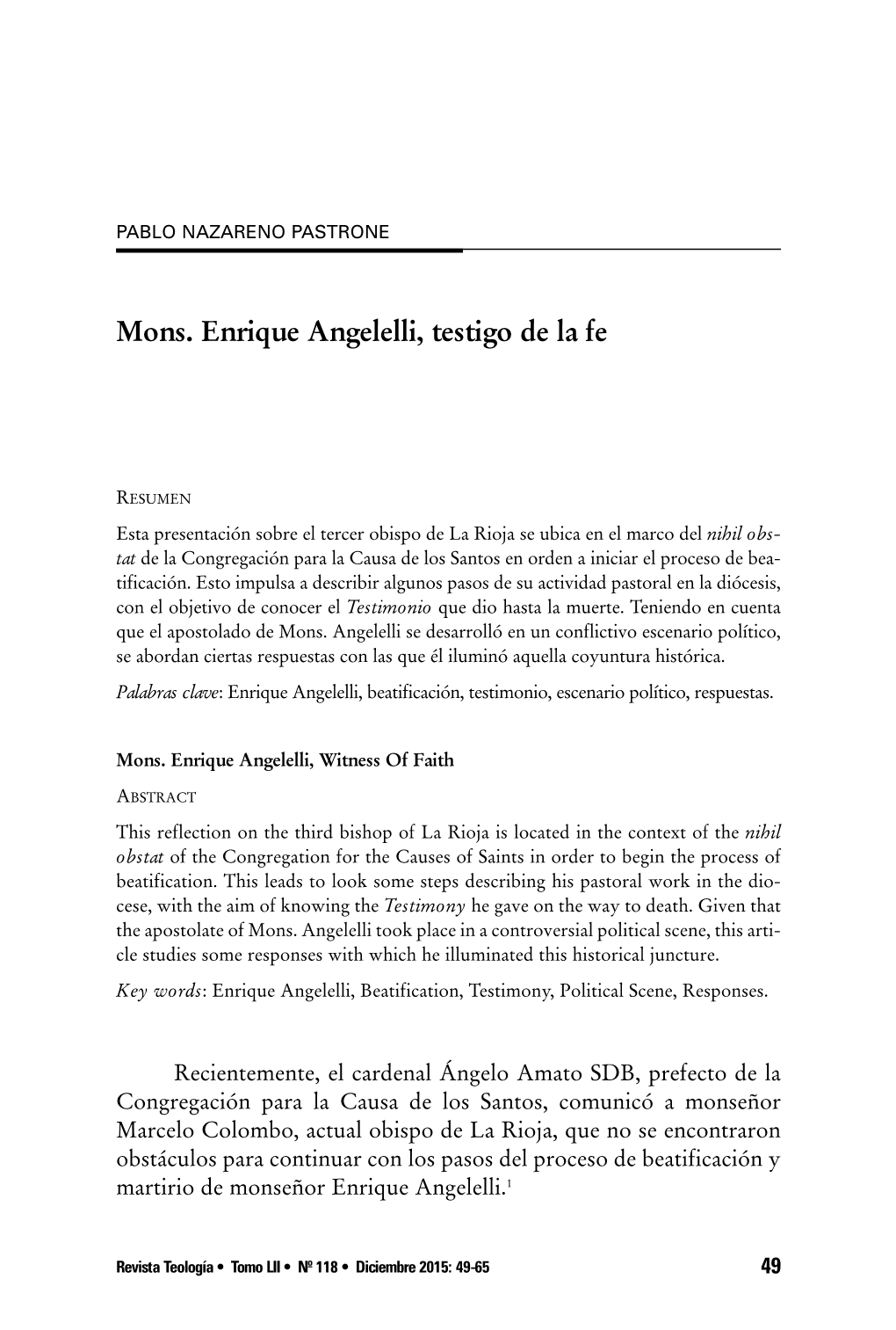 Mons. Enrique Angelelli, Testigo De La Fe